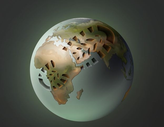 Foot print on a earth globe symbolizing our carbon footprint