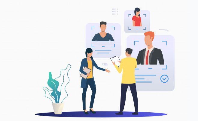 Illustration of a man and a women discussing hiring attitude not skill while looking at three different people as options.