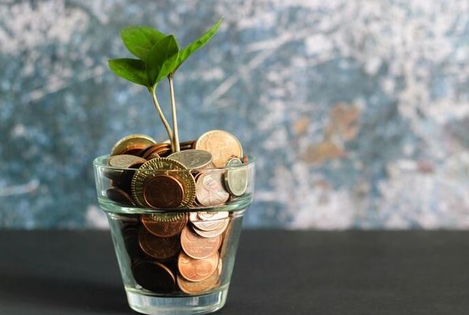 Glass filled with coins with a plant inside which symbolizes lower costs