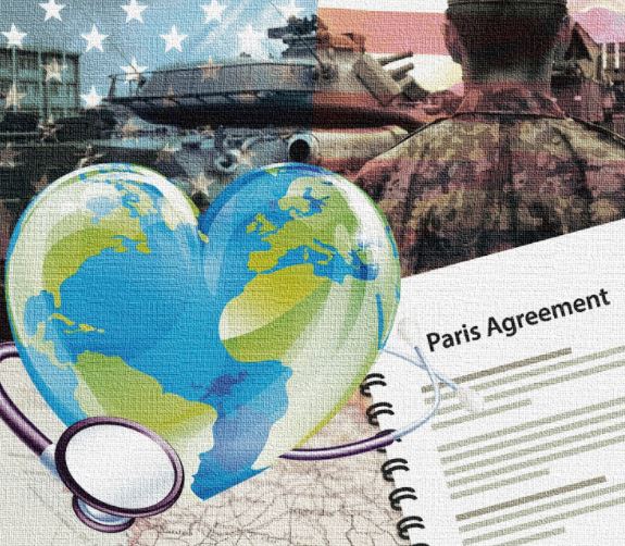 Earth in the shape of a heart with stethoscope around the earth under this is a book with the title "Paris Agreement". A soldier, tank and American flag in the background.