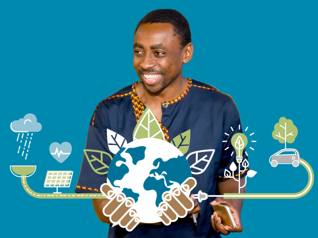 Black entrepreneur with an illustration in front of him hands holding the world, cloud raining, light bulb and car.